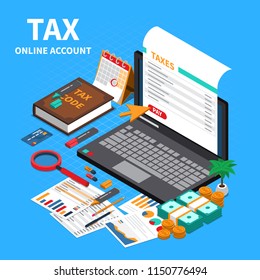 Tax statement on web isometric composition with laptop screen online account code specifications handbook payment vector illustration  