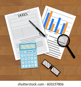 Tax statistics vector. Economy statistic banking tax. Calculator and chart data on table illustration