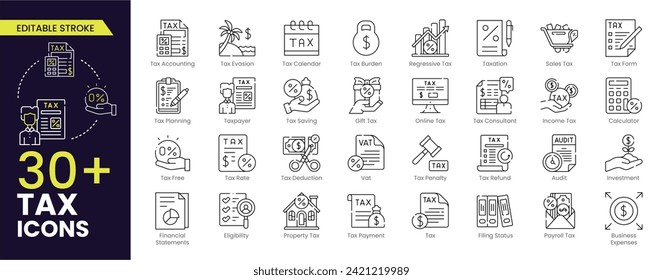 Tax Stroke icon set. Containing tax refund, tax deduction, payment, tax accounting, calculator, taxpayer, VAT, taxation and income icons. Solid icon collection. Editable Outline Icons