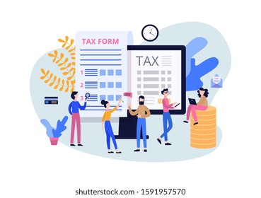 Tax submit and online payment, year-end adjustment report business concept with men and women cartoon characters flat vector illustration isolated on white background.