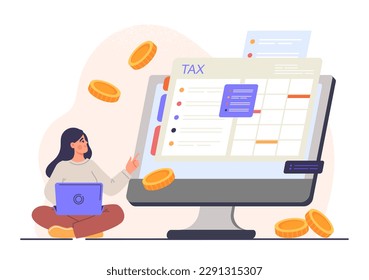 Tax submitting system. Woman with laptop sits and analyzes tables, plans budget, income and expenses. Girl filling tax form online. Payment and digital receipt. Cartoon flat vector illustration