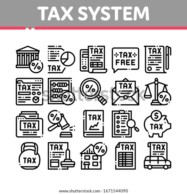 Tax System\
Finance Collection Icons Set Vector. Tax System Building And Car,\
Document And Mail Notice, Abacus And Scales Concept Linear\
Pictograms. Monochrome Contour\
Illustrations