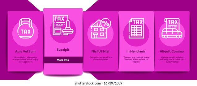 Tax System Finance Onboarding Mobile App Page Screen Vector. Tax System Building And Car, Document And Mail Notice, Abacus And Scales Color Contour Illustrations