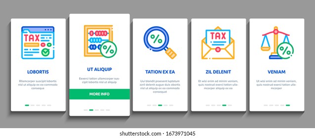 Tax System Finance Onboarding Mobile App Page Screen Vector. Tax System Building And Car, Document And Mail Notice, Abacus And Scales Color Contour Illustrations