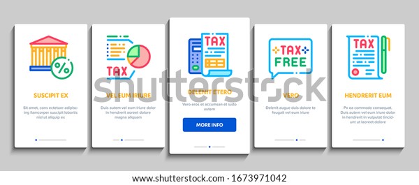 Tax System Finance Onboarding\
Mobile App Page Screen Vector. Tax System Building And Car,\
Document And Mail Notice, Abacus And Scales Color Contour\
Illustrations
