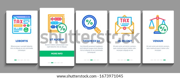 Tax System Finance Onboarding\
Mobile App Page Screen Vector. Tax System Building And Car,\
Document And Mail Notice, Abacus And Scales Color Contour\
Illustrations
