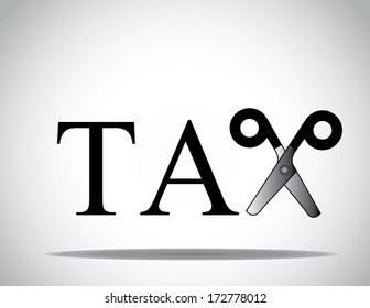 Tax text with scissors sign with bright white background : concept design vector illustration unusual art or artwork symbol