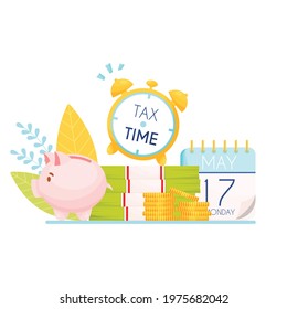 Tax time background with piggy bank. Vector illustration 