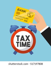 tax time clock and human hand holding a bank card over blue background. tax design. vector illustration
