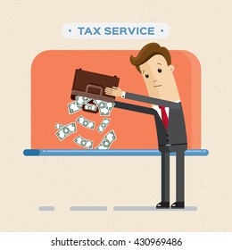 Tax time concept. Businessman or taxpayer pays taxes and pouring out from a bag money. Vector, illustration