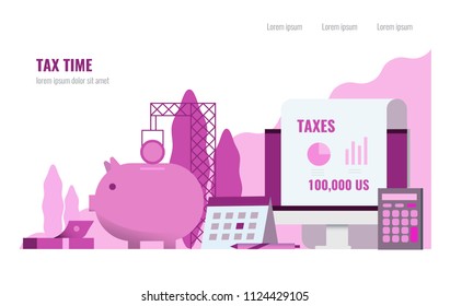 Tax Time concept. Piggy Bank, calendar, calculator. Flat design element. vector illustration