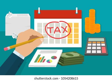 Tax time. Flat design of crop person planning further taxes, counting taxes taking down into calendar. Eps vector illustration, horizontal image, flat design.