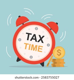 Tax time. Jumping alarm clock. Finance concept. Notification of the need to file tax returns, message for accountant - fill in tax form. flat vector illustration