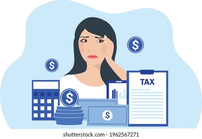 Tax time and tax payment concept. woman has a headache with tax calculation vector illustration 