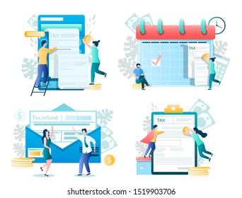 Tax time, payment, refund vector concept illustration set isolated on white background. Financial statements and taxation, tax return, taxpayers.