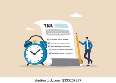 Tax time reminder, income tax planning, government payment date or financial refund, schedule or revenue calculation concept, businessman holding pencil with tax paper document and alarm clock.