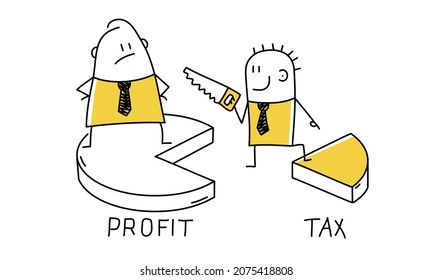 Tax time. Stick man with a saw takes taxes from a businessman. Doodle style. Vector illustration.