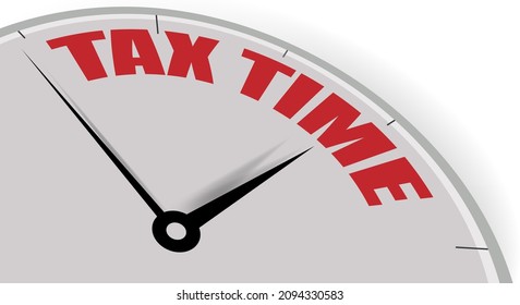 Tiempo de impuesto, el texto se escribe en el dial de un reloj con flechas, en un fondo blanco. Copiar espacio. Ilustración del vector