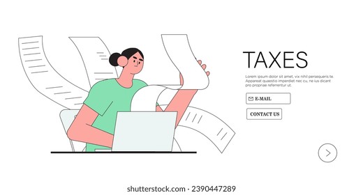 Tax time vecotr illustration. Character preparing documents for tax calculation, making income tax return and calculating business invoices. Taxation concept. 