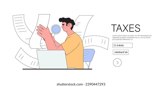 Tax time vecotr illustration. Character preparing documents for tax calculation, making income tax return and calculating business invoices. Taxation concept. 