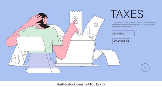 Tax time vecotr illustration. Character preparing documents for tax calculation, making income tax return and calculating business invoices. Taxation concept. Online accountant service for business.