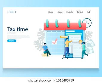 Tax time vector website template, web page and landing page design for website and mobile site development. Tax season concept with huge calendar and tiny characters taxpayers.