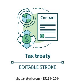 Tax treaty concept icon. International agreement idea thin line illustration. Double taxation. Bilateral contract. Currency transaction. Vector isolated outline drawing. Editable stroke