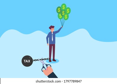 Tax Vector Concept: Hand Cutting The Tax Ball Chain Attached To The Businessman's Legs While He Is Holding Dollar Balloons