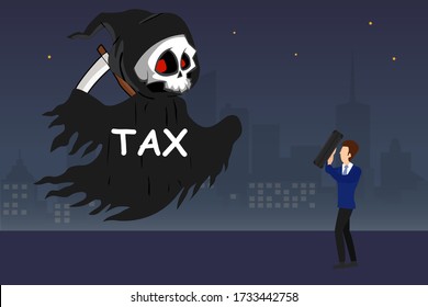 Tax Vector Concept: Male Figure Wearing A Blue Suit While Covering Her Face From The Tax Grim Reaper With His Suitcase, Over The Bleak City At Night Background