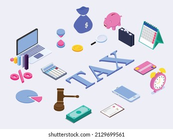 Tax Vector Concept. Tax Word With Gavel, Money And Digital Device