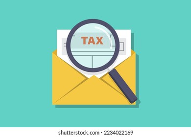 Tax vector design illustration, envelope, letter tax form and magnifying glass