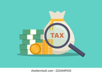 Tax vector design illustration, money bag, money paper, gold, magnifying glass