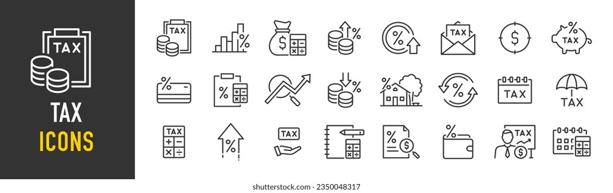 Iconos web de impuestos en estilo de línea. Pago, derechos, tipo de interés, declaración de impuestos, IVA, tarifa, impuesto personal, cobro. Ilustración vectorial.