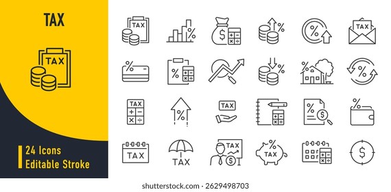 Tax web icons in line style. Pay, duties, interest rate, tax return, vat, tariff, personal tax, collection. Vector illustration.