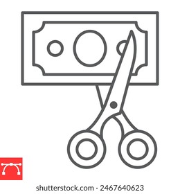 Tax withholding line icon, scissors and banknote, tax deduction vector icon, vector graphics, editable stroke outline sign, eps 10.