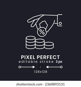 Tax Withholding white linear desktop icon on black. Paycheck deductions. Income subtraction. Pixel perfect 128x128, outline 2px. Isolated user interface symbol for dark theme. Editable stroke
