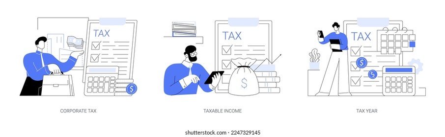 Taxable earnings calculation abstract concept vector illustration set. Corporate tax, taxable income, fiscal year, annual return, document preparation, divided deduction, accountant abstract metaphor.