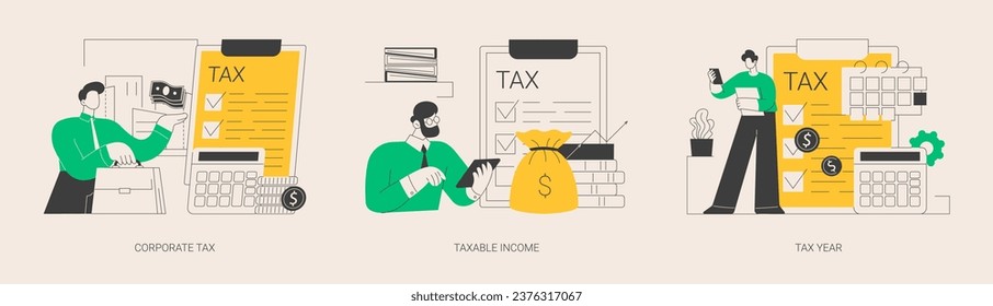 Taxable earnings calculation abstract concept vector illustration set. Corporate tax, taxable income, fiscal year, annual return, document preparation, divided deduction, accountant abstract metaphor.