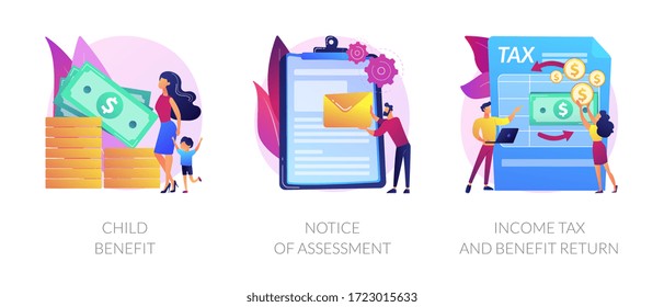 Taxation And Assessment Icons Set. Child Benefit, Notice Of Assessment, Income Tax And Benefit Return Metaphors. Social Security Payment. Vector Isolated Concept Metaphor Illustrations.