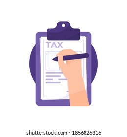 taxation concept. illustration of hand writing or filling out tax returns attached on board. using a pencil or pen. tax form. flat style. design elements