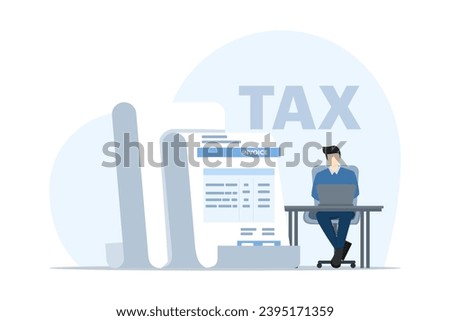 Taxation concept. tax statement. The character prepares documents to calculate taxes, creates income tax returns, and calculates business invoices. Flat vector illustration on white background.
