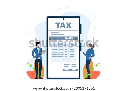 Taxation concept. tax statement. The character prepares documents to calculate taxes, creates income tax returns, and calculates business invoices. Flat vector illustration on white background.