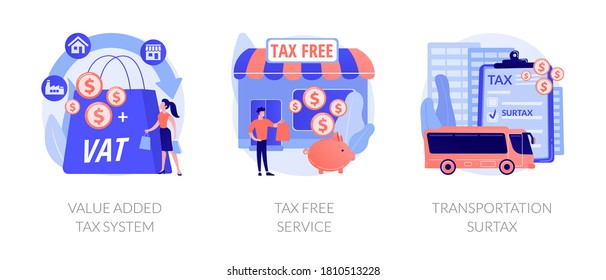 Taxation control abstract concept vector illustration set. Value added tax system, tax free service, transportation surtax, retail good purchase, refunding VAT, transit service fee abstract metaphor.