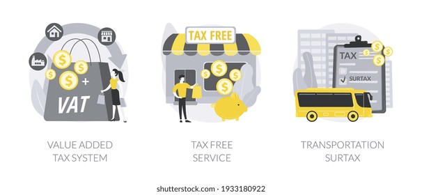 Taxation control abstract concept vector illustration set. Value added tax system, tax free service, transportation surtax, retail good purchase, refunding VAT, transit service fee abstract metaphor.