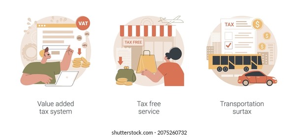 Taxation control abstract concept vector illustration set. Value added tax system, tax free service, transportation surtax, retail good purchase, refunding VAT, transit service fee abstract metaphor.