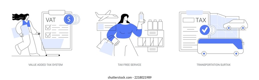 Taxation control abstract concept vector illustration set. Value added tax system, tax free service, transportation surtax, retail good purchase, refunding VAT, transit service fee abstract metaphor.