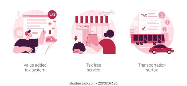 Taxation control abstract concept vector illustration set. Value added tax system, tax free service, transportation surtax, retail good purchase, refunding VAT, transit service fee abstract metaphor.
