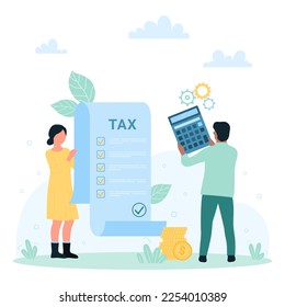 Taxation, finance analysis and paperwork vector illustration. Cartoon tiny accountants holding calculator and paper tax declaration to calculate and pay money refund, people accounting and planning