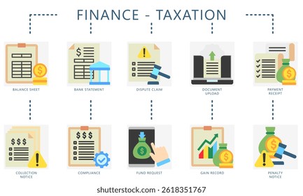 Taxation flat color icons set. Contain balance sheet, notice, bank statement, compliance, fund, payment, receipt, penalty and more. Vector for UI, UX kit, digital, print, web and app development.
