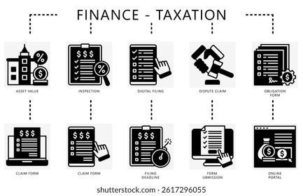 Taxation glyph icons set. Contain asset value, claim form, inspection, form, dispute, obligation, online portal, deadline, and more. Vector for UI, UX kit, digital, print, web and app development.